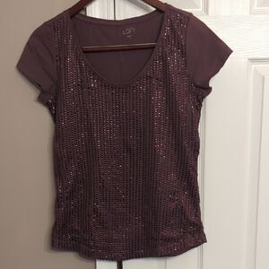 LOFT Purple Sequin Short Sleeve Scoop Neck Top